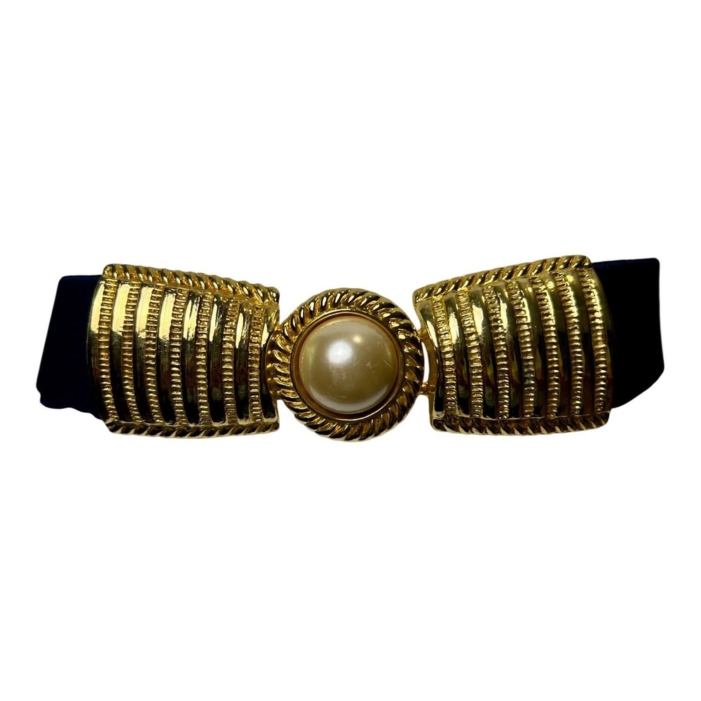 Day-Lor USA Vintage Navy Blue Elastic Cinch Belt‎ Gold Faux Pearl Buckle Retro